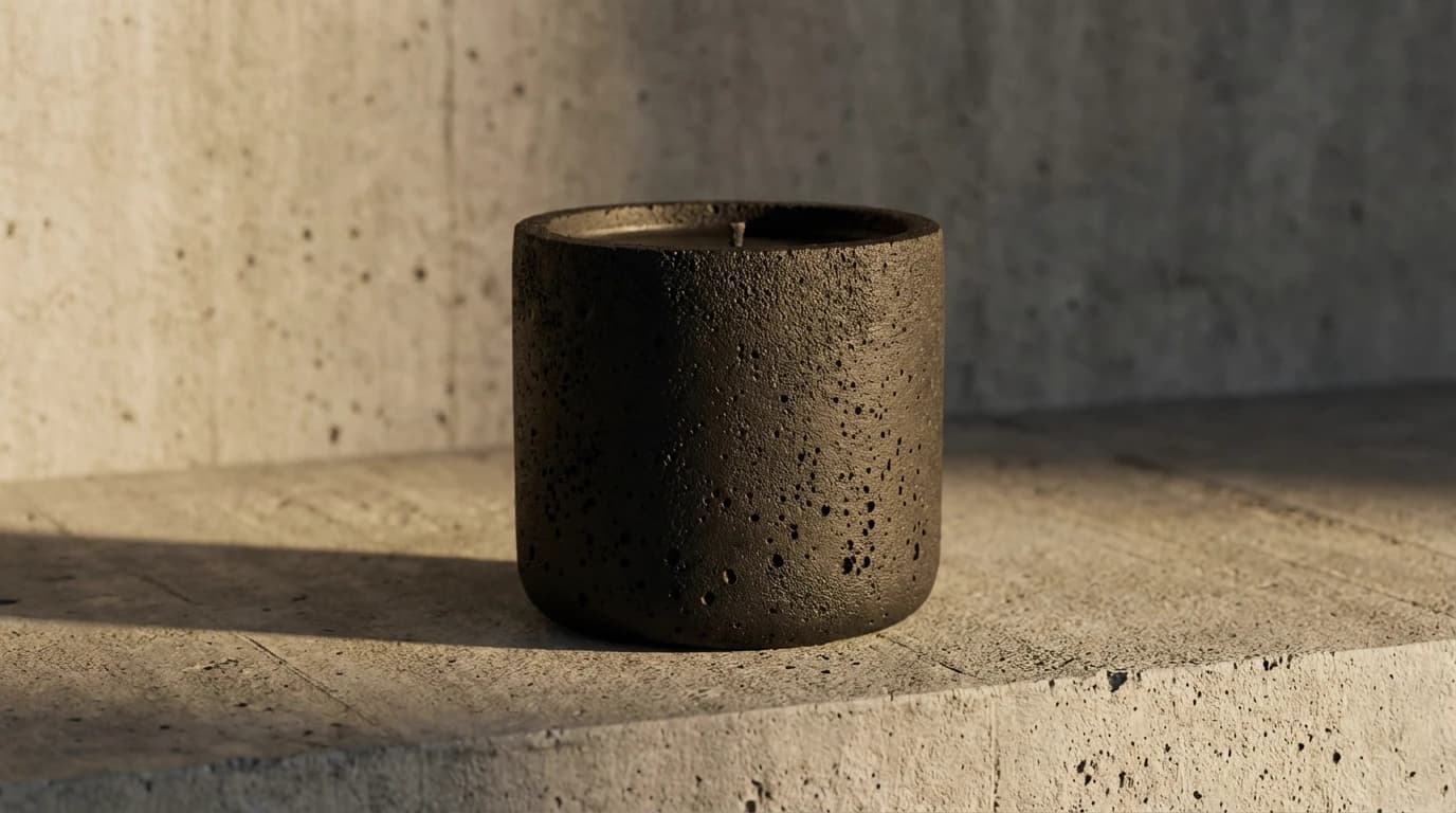 the andromeda candle: black wax in a solid black concrete vessel, seen in full